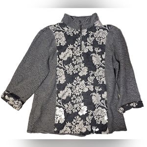 CHICO'S SIZE SMALL 1/4 ZIP PULLOVER TOP FLORAL AND STRIPES